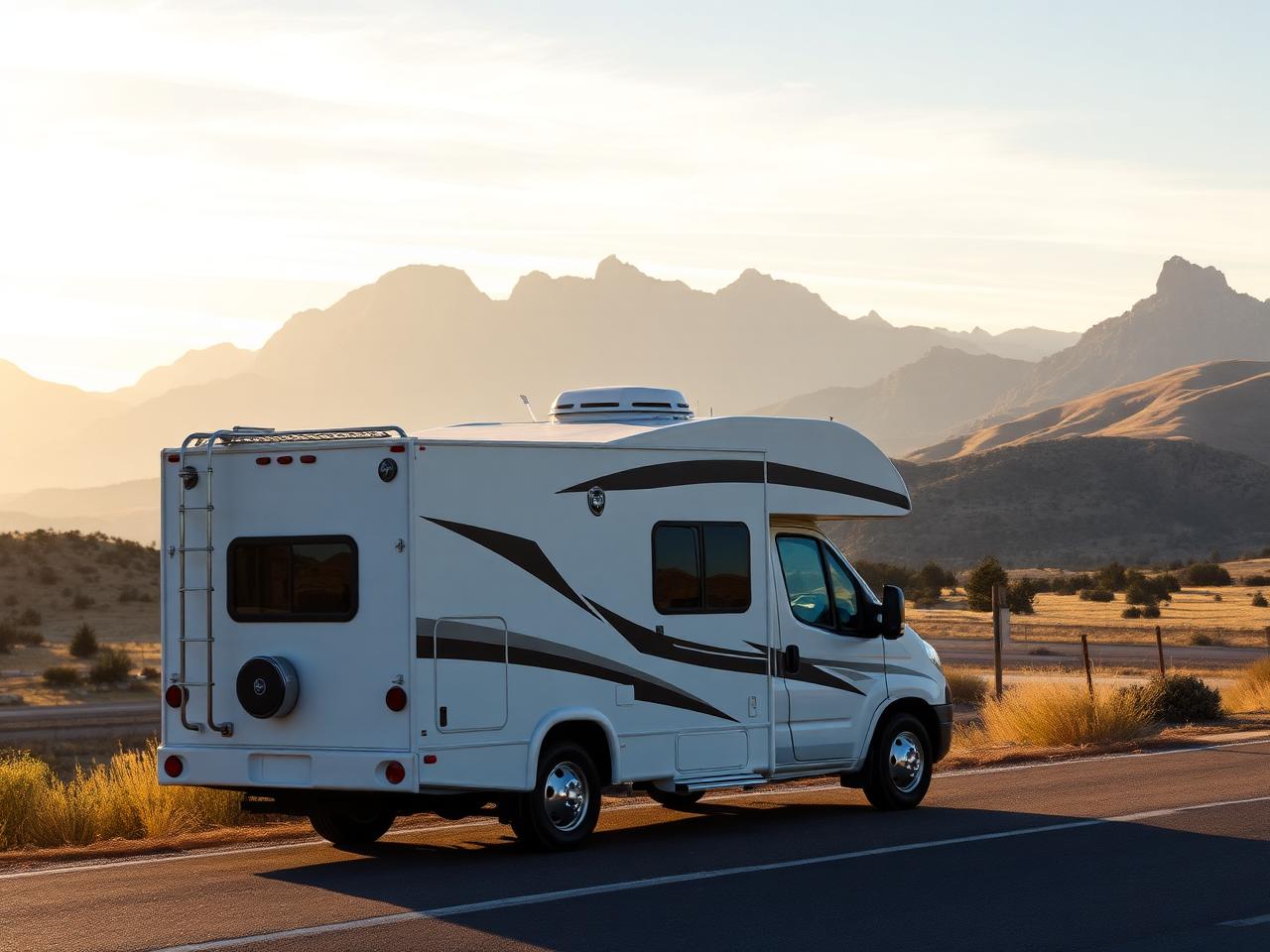 A Class C motorhome on a scenic road with mountains