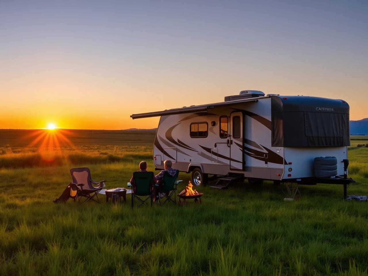 A couple relaxing by a campfire next to their travel trailer at sunset