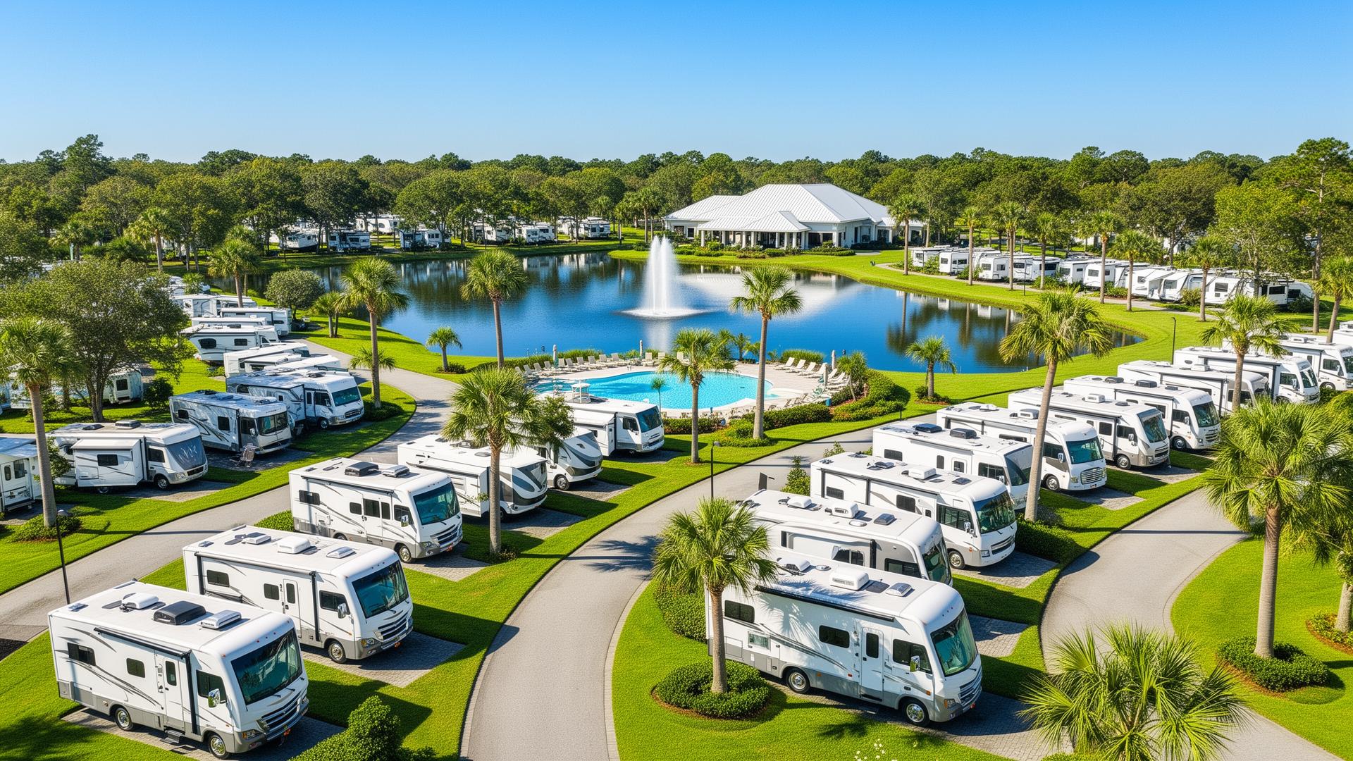 Aerial view of a sunny luxury RV resort with a lake, pool, and palm trees